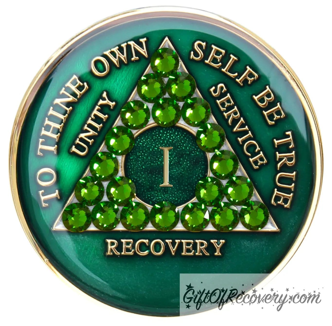 1 year AA medallion Emerald green with 21 genuine green crystals that make the triangle, to represent luck and prosperity in the program, AA slogan and three legacies are embossed with 14k gold-plated brass and sealed for a glossy finish that will last.