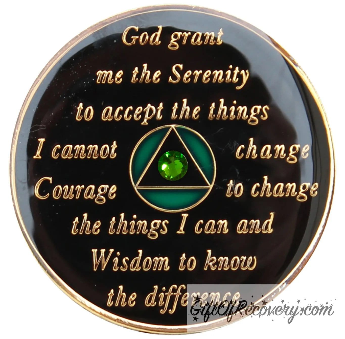 Back of Emerald green CZ crystalized AA recovery medallion is black with the circle green and triangle black and has the serenity prayer, outer rim, and the circle triangle in the center 14k gold-plated brass, with one single green CZ genuine crystal in the center of the triangle, the recovery medallion is sealed with resin for a shiny finish.