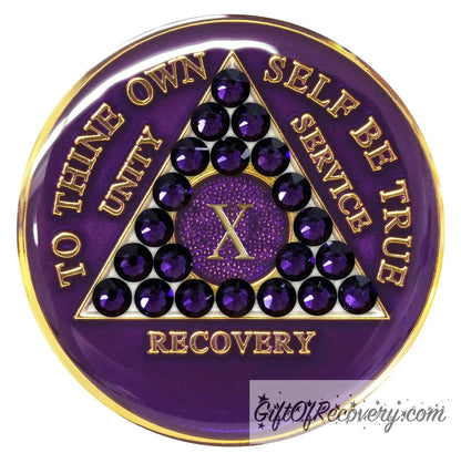 10 year AA medallion purple amethyst, adorned with 21 genuine purple velvet CZ crystals, purple is the color of recovery, let is shine through and through. to thine own self be true, unity, service, recovery embossed with 14k gold-plated brass and sealed with resin for a glossy finish that is scratch proof and will last.