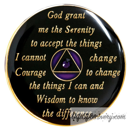 Back of Purple diamond CZ crystal AA recovery medallion is black onyx and has the serenity prayer, outer rim, and the circle triangle in the center 14k gold-plated brass, the circle is amethyst purple and triangle is black with one single purple amethyst CZ genuine crystal in the center of the triangle, the recovery medallion is sealed with resin for a shiny finish. 