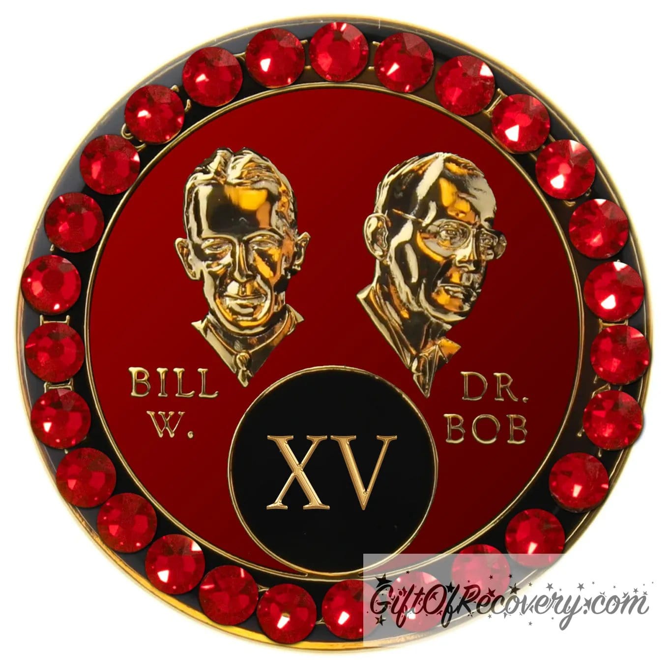 15 year AA Bill & Bob Ruby red recovery medallion with 28 genuine red Siam crystals around the rim, this medallion is to honor our founders and our time, stylized busts of Bill W. and Dr. Bob, with their names, in embossed 14k gold-plated brass, the medallion is sealed with resin for a glossy finish.