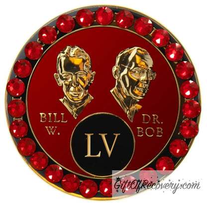 55 year AA Bill & Bob Ruby red recovery medallion with 28 genuine red Siam crystals around the rim, this medallion is to honor our founders and our time, stylized busts of Bill W. and Dr. Bob, with their names, in embossed 14k gold-plated brass, the medallion is sealed with resin for a glossy finish.