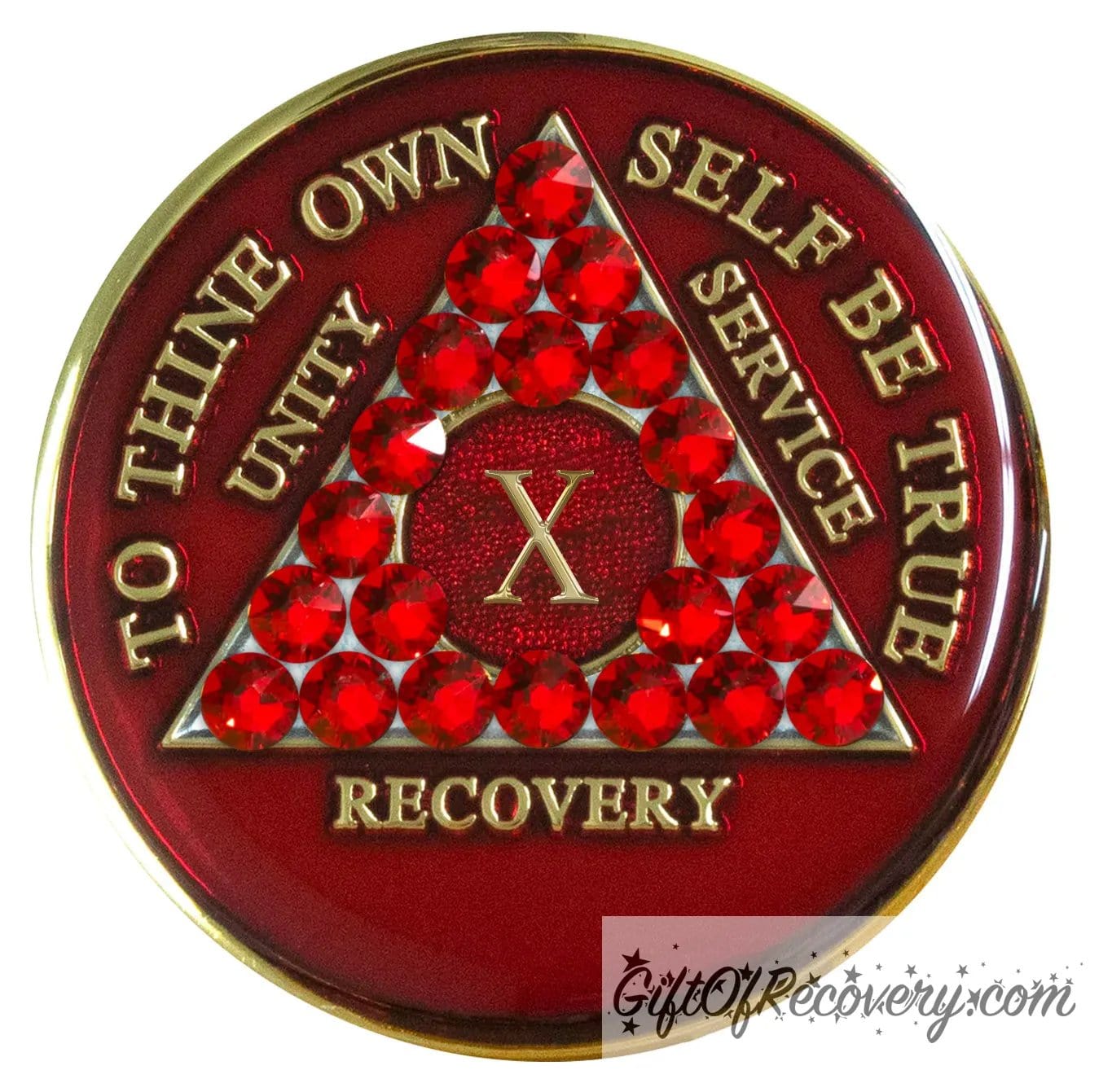 10 year AA medallion ruby red with 21 genuine ruby red crystals in the shape of the triangle for an incredible look, and to thine own self be true, unity, service, recovery, and roman numeral are in embossed with 14k gold-plated brass, the recovery medallion is sealed in resin for a shiny finish that will last and is scratch proof.