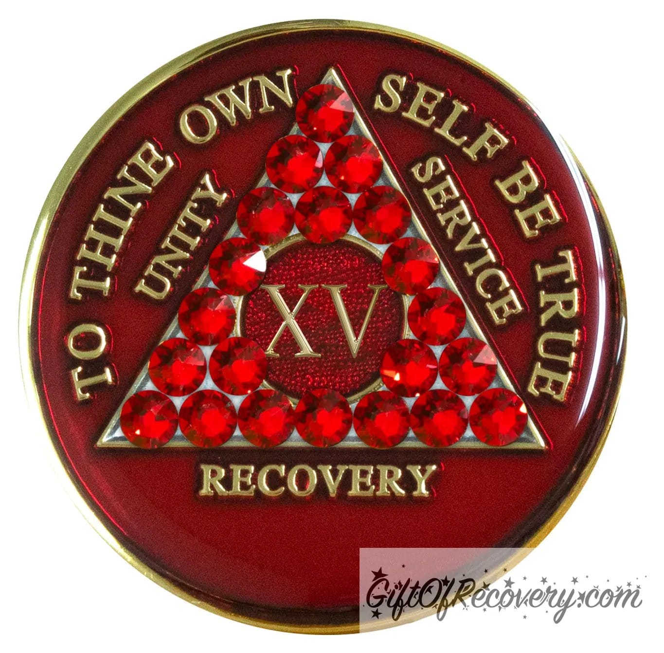 15 year AA medallion ruby red with 21 genuine ruby red crystals in the shape of the triangle for an incredible look, and to thine own self be true, unity, service, recovery, and roman numeral are in embossed with 14k gold-plated brass, the recovery medallion is sealed in resin for a shiny finish that will last and is scratch proof.