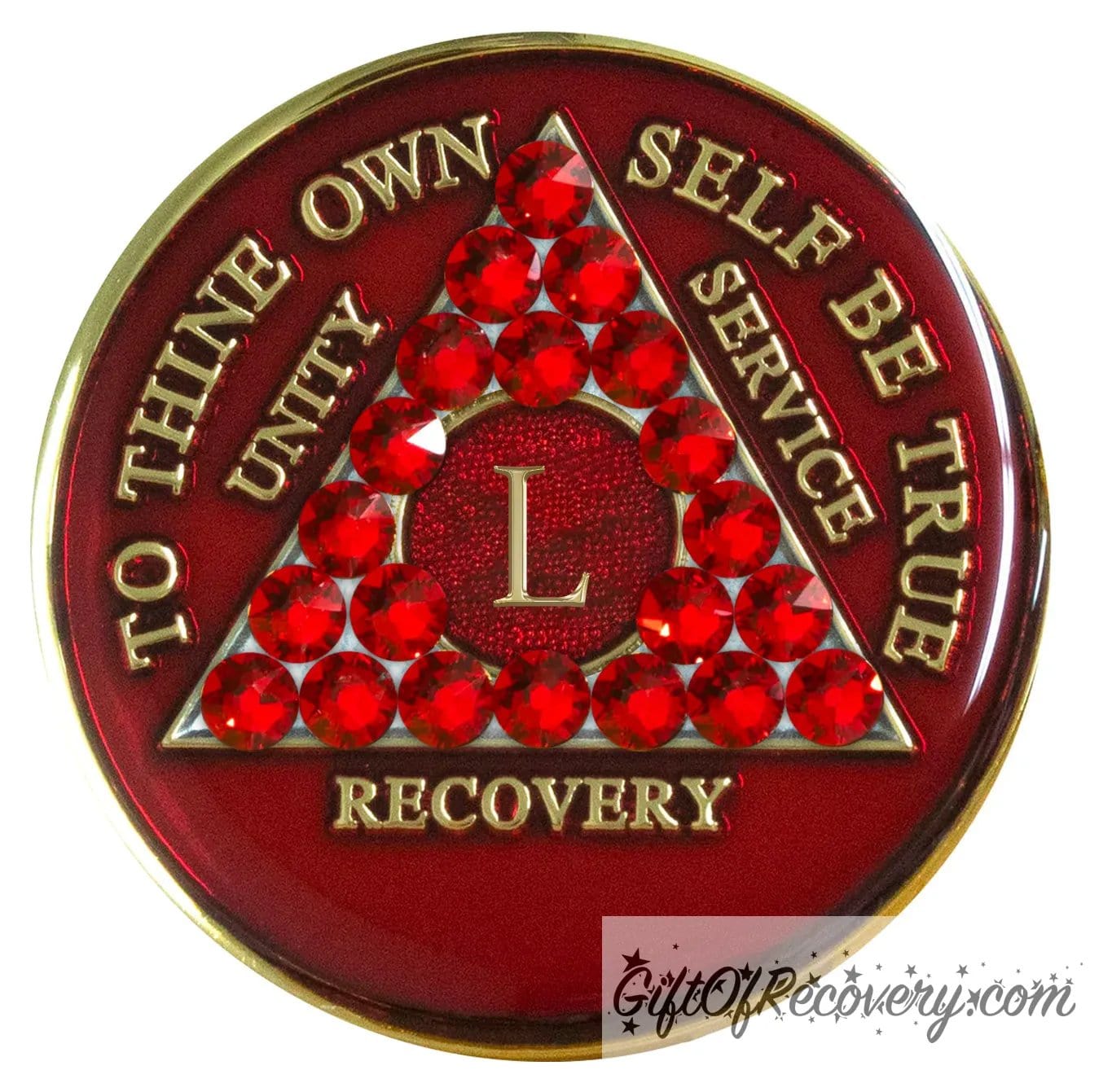 50 year AA medallion ruby red with 21 genuine ruby red crystals in the shape of the triangle for an incredible look, and to thine own self be true, unity, service, recovery, and roman numeral are in embossed with 14k gold-plated brass, the recovery medallion is sealed in resin for a shiny finish that will last and is scratch proof.