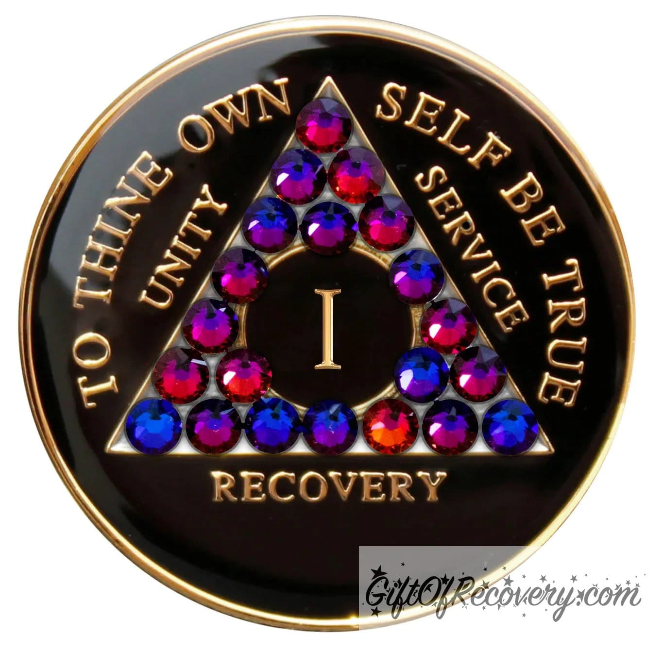 Recovery Medallion 1 Year black onyx with 21 volcano crystals in the shape of the triangle and to thine own self be true, unity, service, recovery along with rim of medallion, are embossed with 14k gold-plated brass and sealed in resin for a high glossy shine that is scratch resistant.