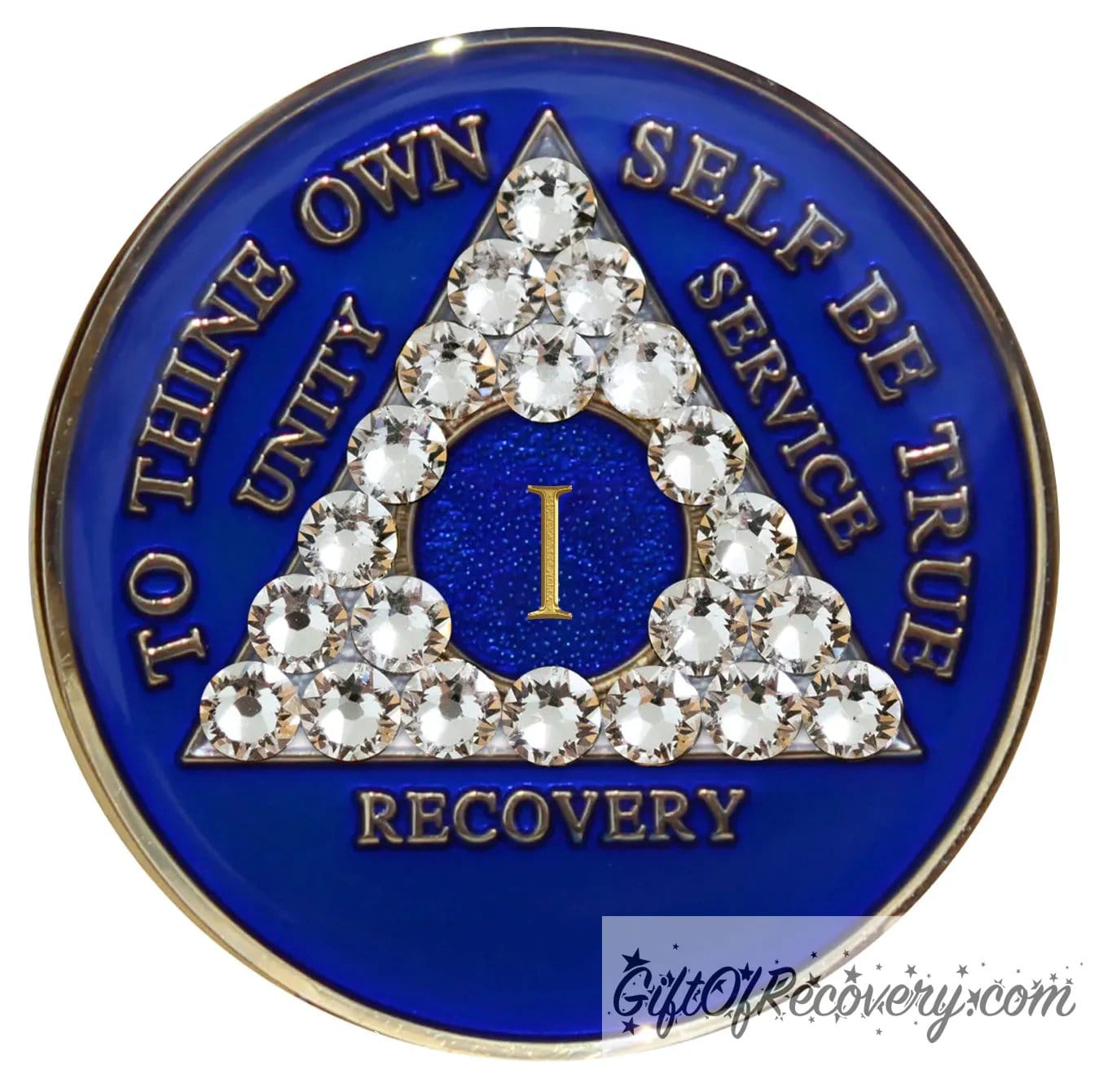 1 year AA medallion Big Book Blue with 21 genuine diamond CZ crystals to form the triangle and emphasize strength under pressure that is built in the program, AA slogan and three legacies are embossed 14k gold-plated brass, recovery medallion is sealed with resin for a shiny finish.