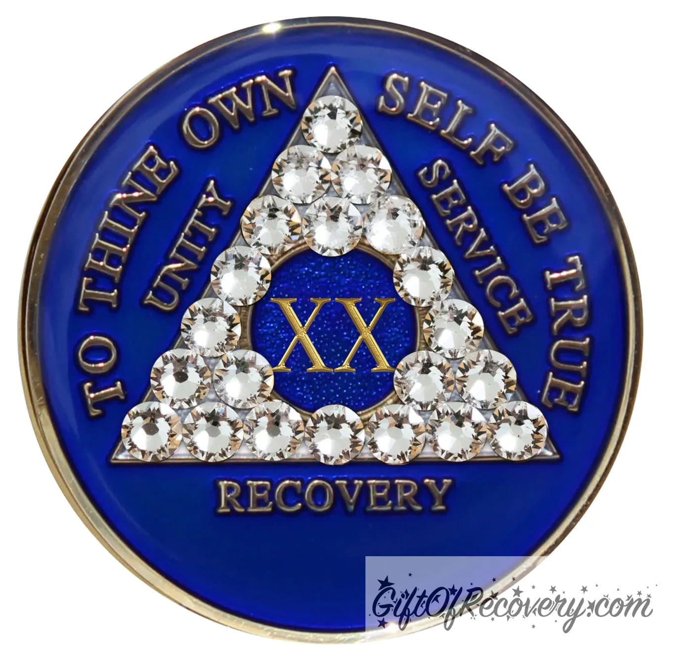 20 year AA medallion Big Book Blue with 21 genuine diamond CZ crystals to form the triangle and emphasize strength under pressure that is built in the program, AA slogan and three legacies are embossed 14k gold-plated brass, recovery medallion is sealed with resin for a shiny finish.