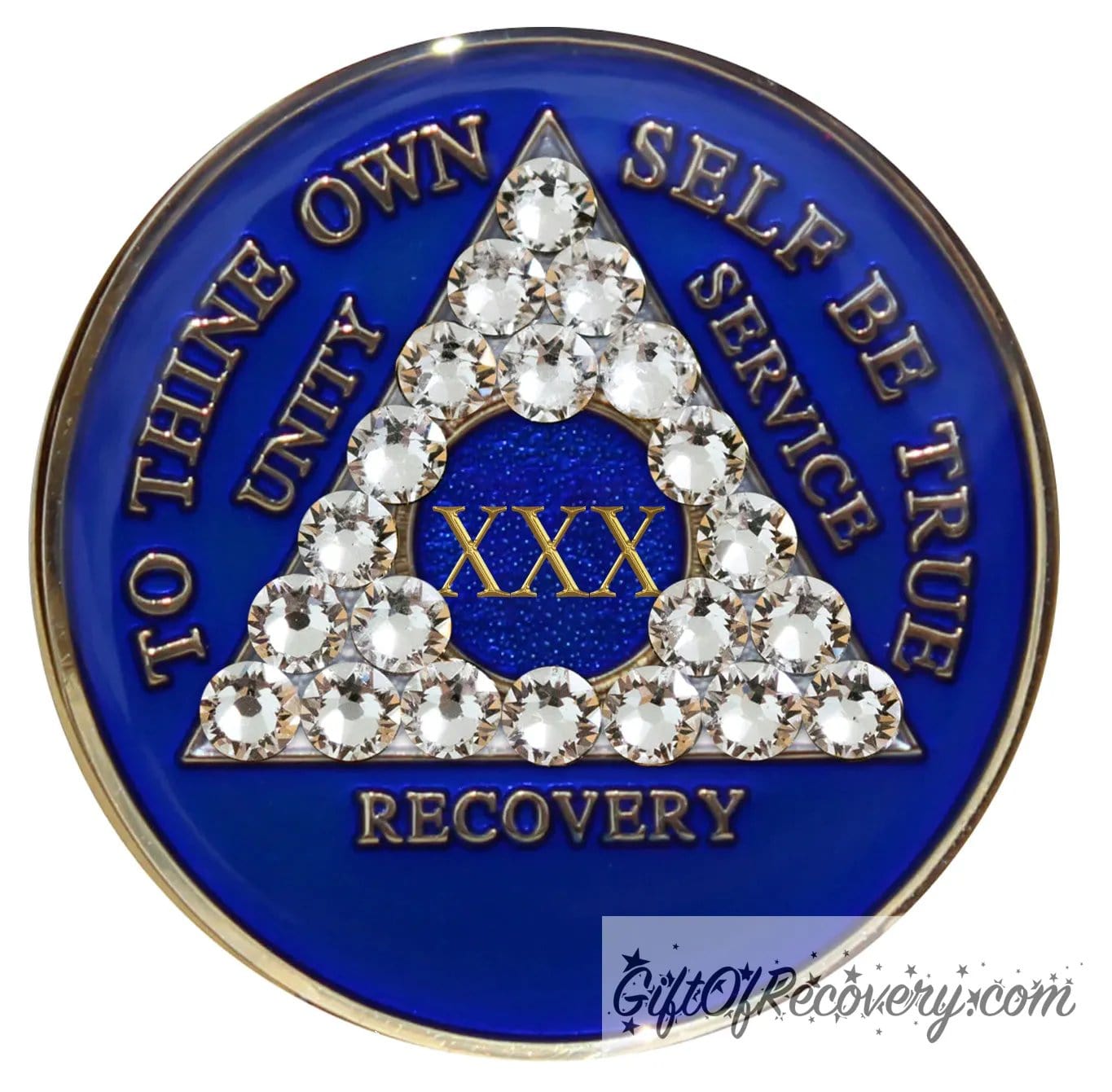 30 year AA medallion Big Book Blue with 21 genuine diamond CZ crystals to form the triangle and emphasize strength under pressure that is built in the program, AA slogan and three legacies are embossed 14k gold-plated brass, recovery medallion is sealed with resin for a shiny finish.