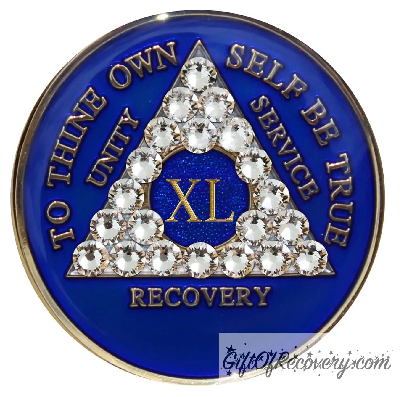 40 year AA medallion Big Book Blue with 21 genuine diamond CZ crystals to form the triangle and emphasize strength under pressure that is built in the program, AA slogan and three legacies are embossed 14k gold-plated brass, recovery medallion is sealed with resin for a shiny finish.