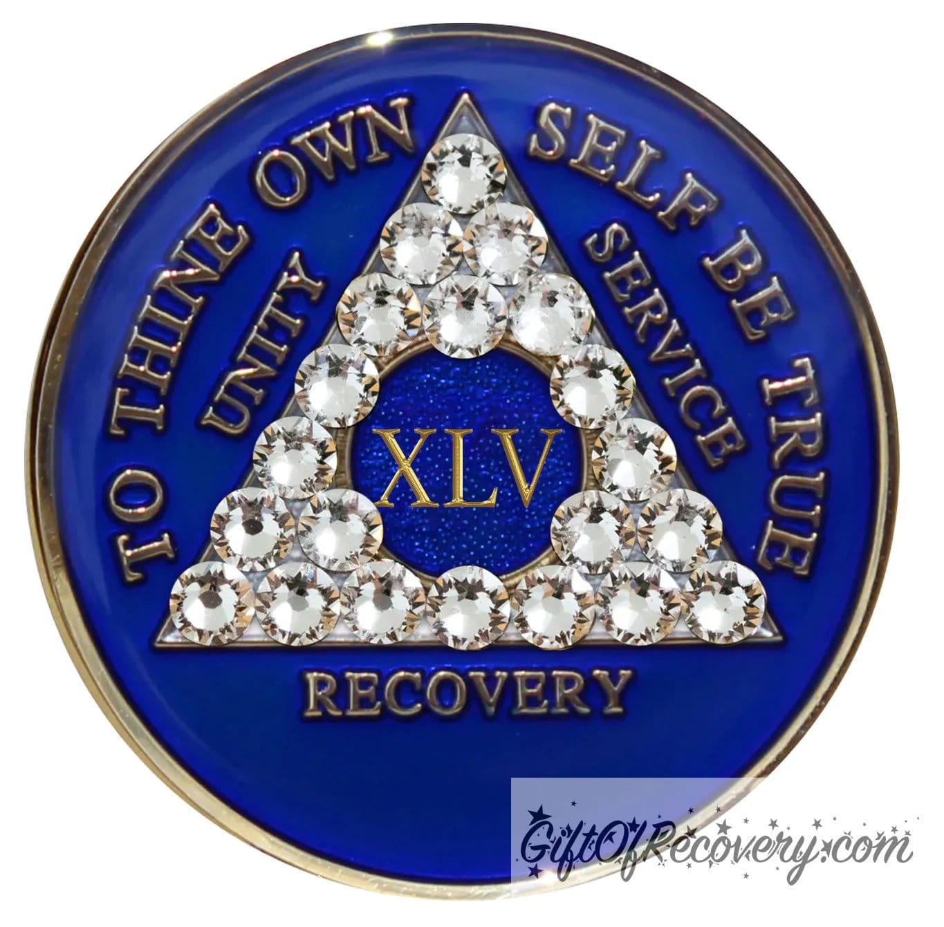 45 year AA medallion Big Book Blue with 21 genuine diamond CZ crystals to form the triangle and emphasize strength under pressure that is built in the program, AA slogan and three legacies are embossed 14k gold-plated brass, recovery medallion is sealed with resin for a shiny finish.