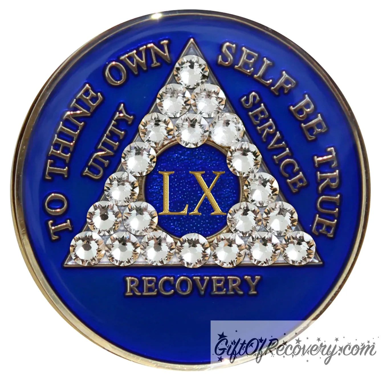 60 year AA medallion Big Book Blue with 21 genuine diamond CZ crystals to form the triangle and emphasize strength under pressure that is built in the program, AA slogan and three legacies are embossed 14k gold-plated brass, recovery medallion is sealed with resin for a shiny finish.