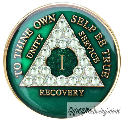 1 year AA medallion Emerald green with 21 genuine diamond CZ crystals that make the triangle, to represent transformation under pressure in the program, AA slogan and three legacies are embossed with 14k gold-plated brass and sealed for a glossy finish that will last.