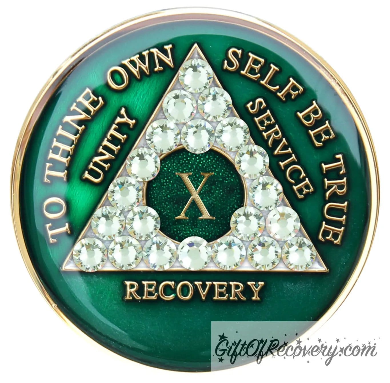 10 year AA medallion Emerald green with 21 genuine diamond CZ crystals that make the triangle, to represent transformation under pressure in the program, AA slogan and three legacies are embossed with 14k gold-plated brass and sealed for a glossy finish that will last.