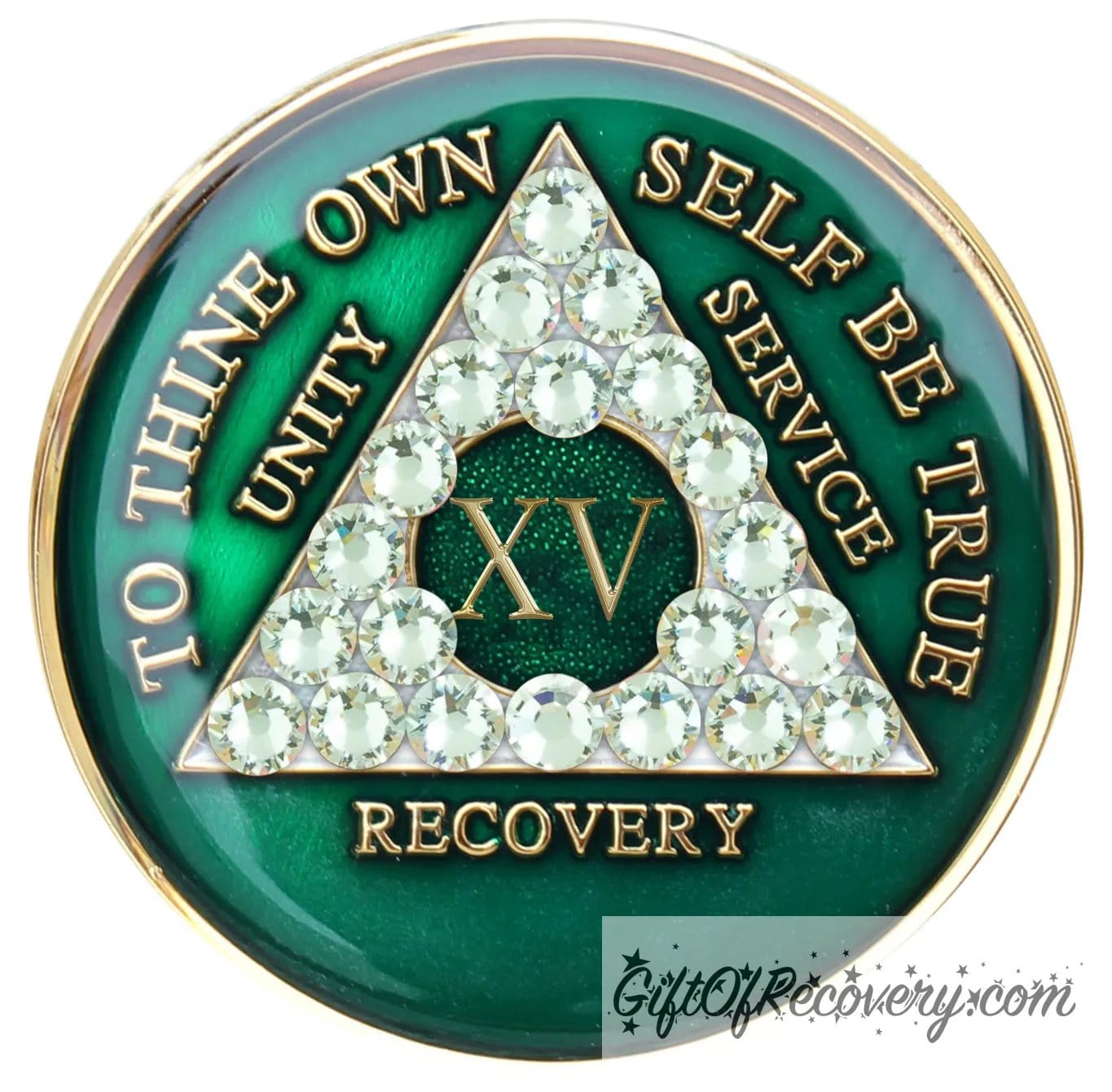 15 year AA medallion Emerald green with 21 genuine diamond CZ crystals that make the triangle, to represent transformation under pressure in the program, AA slogan and three legacies are embossed with 14k gold-plated brass and sealed for a glossy finish that will last.