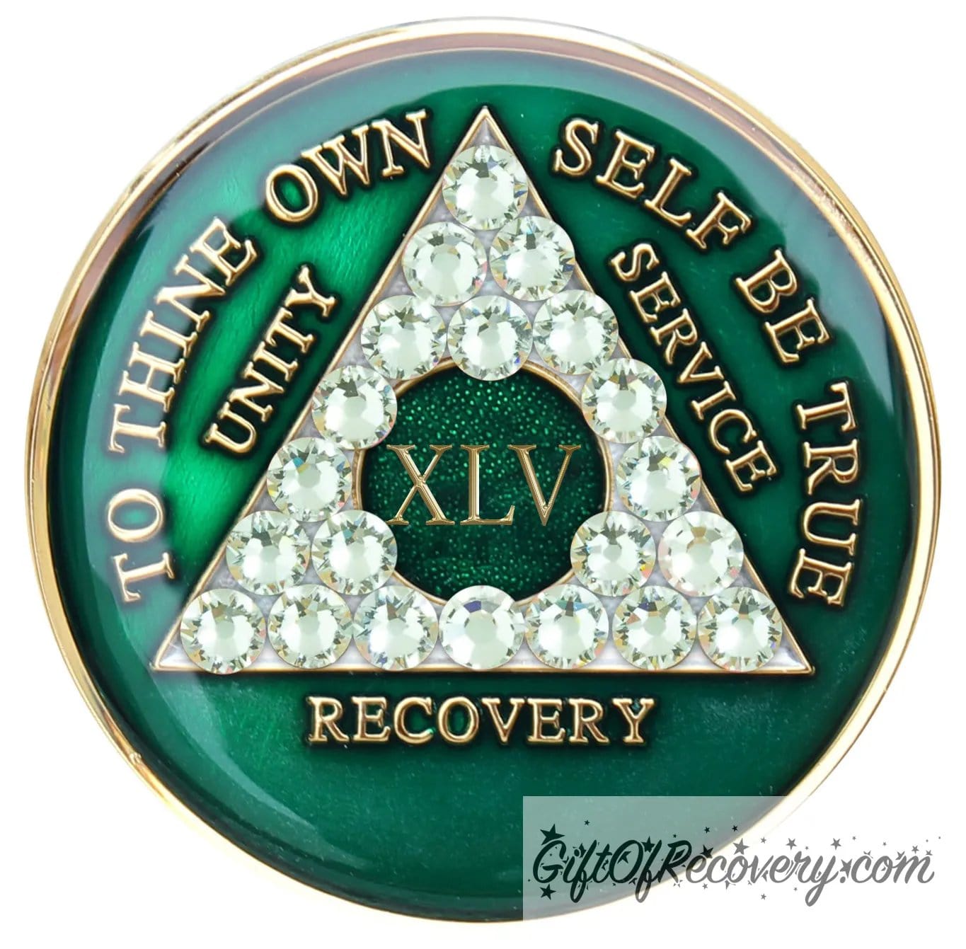 45 year AA medallion Emerald green with 21 genuine diamond CZ crystals that make the triangle, to represent transformation under pressure in the program, AA slogan and three legacies are embossed with 14k gold-plated brass and sealed for a glossy finish that will last.