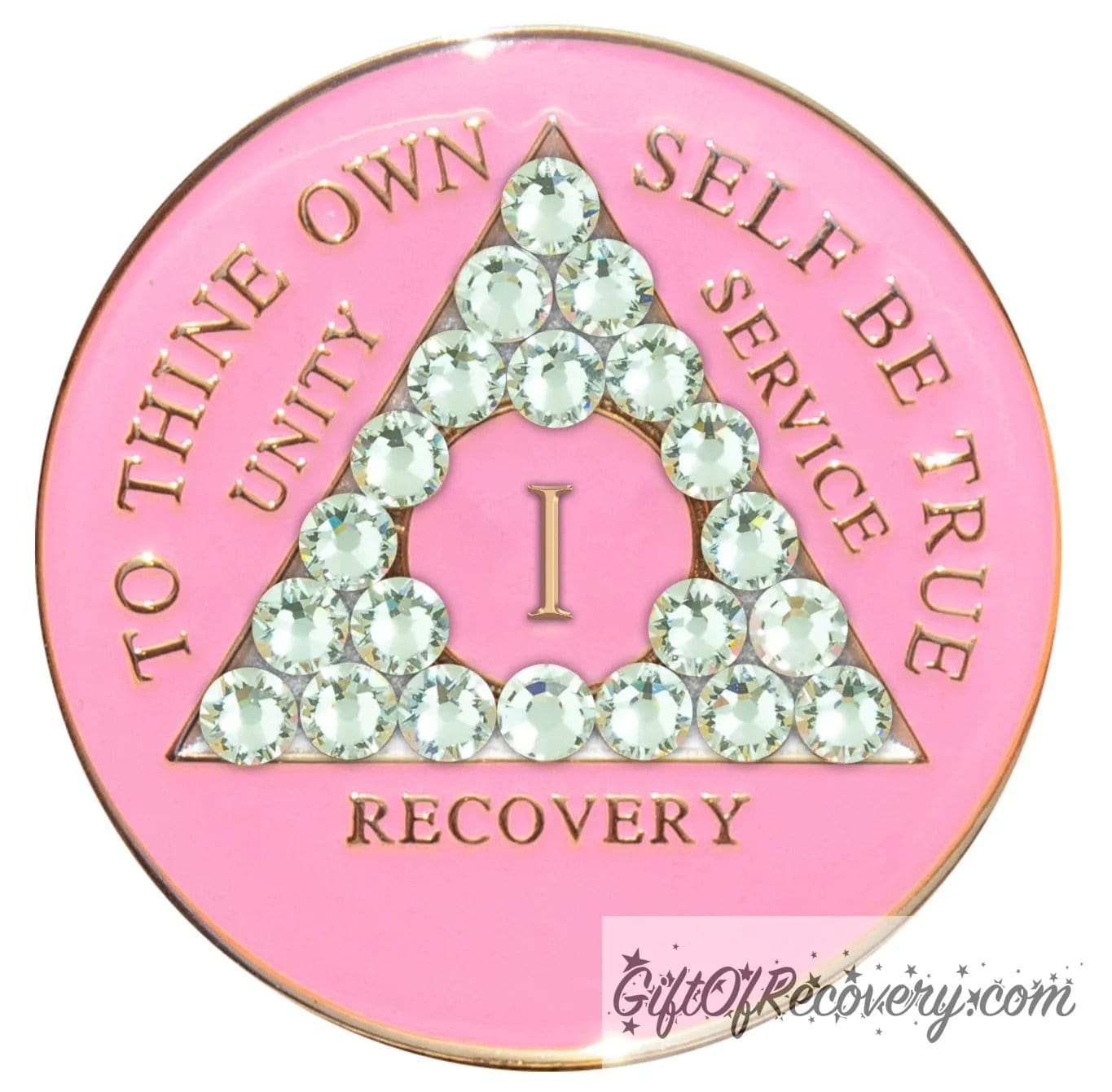 1 year AA medallion princess pink the triangle is adorned with 21 diamond CZ genuine crystals that represent transformation under pressure, the AA slogan and three legacies are embossed with 14k gold-plated brass, the recovery medallion is sealed with resin for a lasting finish.