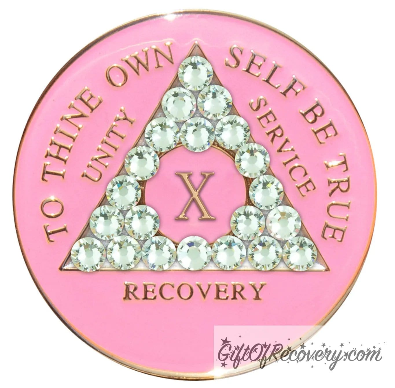 10 year AA medallion princess pink the triangle is adorned with 21 diamond CZ genuine crystals that represent transformation under pressure, the AA slogan and three legacies are embossed with 14k gold-plated brass, the recovery medallion is sealed with resin for a lasting finish.