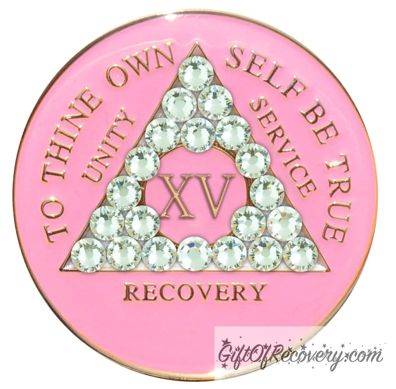 15 year AA medallion princess pink the triangle is adorned with 21 diamond CZ genuine crystals that represent transformation under pressure, the AA slogan and three legacies are embossed with 14k gold-plated brass, the recovery medallion is sealed with resin for a lasting finish.