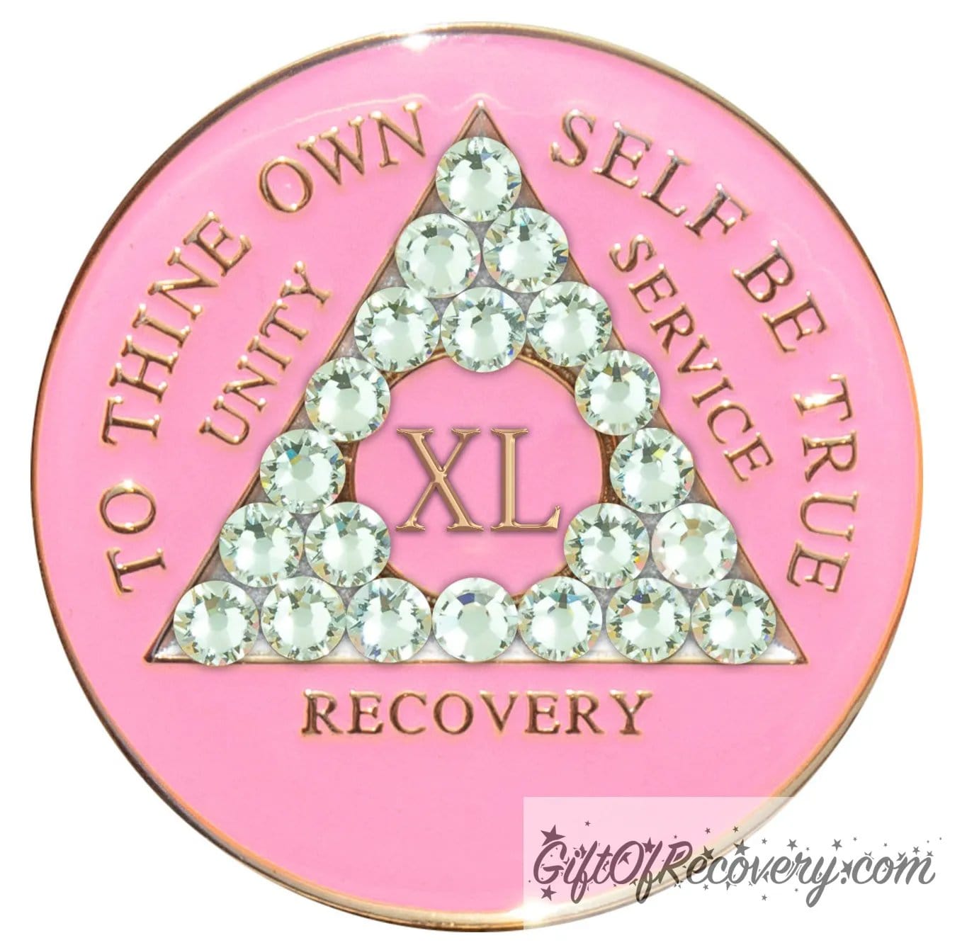 40 year AA medallion princess pink the triangle is adorned with 21 diamond CZ genuine crystals that represent transformation under pressure, the AA slogan and three legacies are embossed with 14k gold-plated brass, the recovery medallion is sealed with resin for a lasting finish.