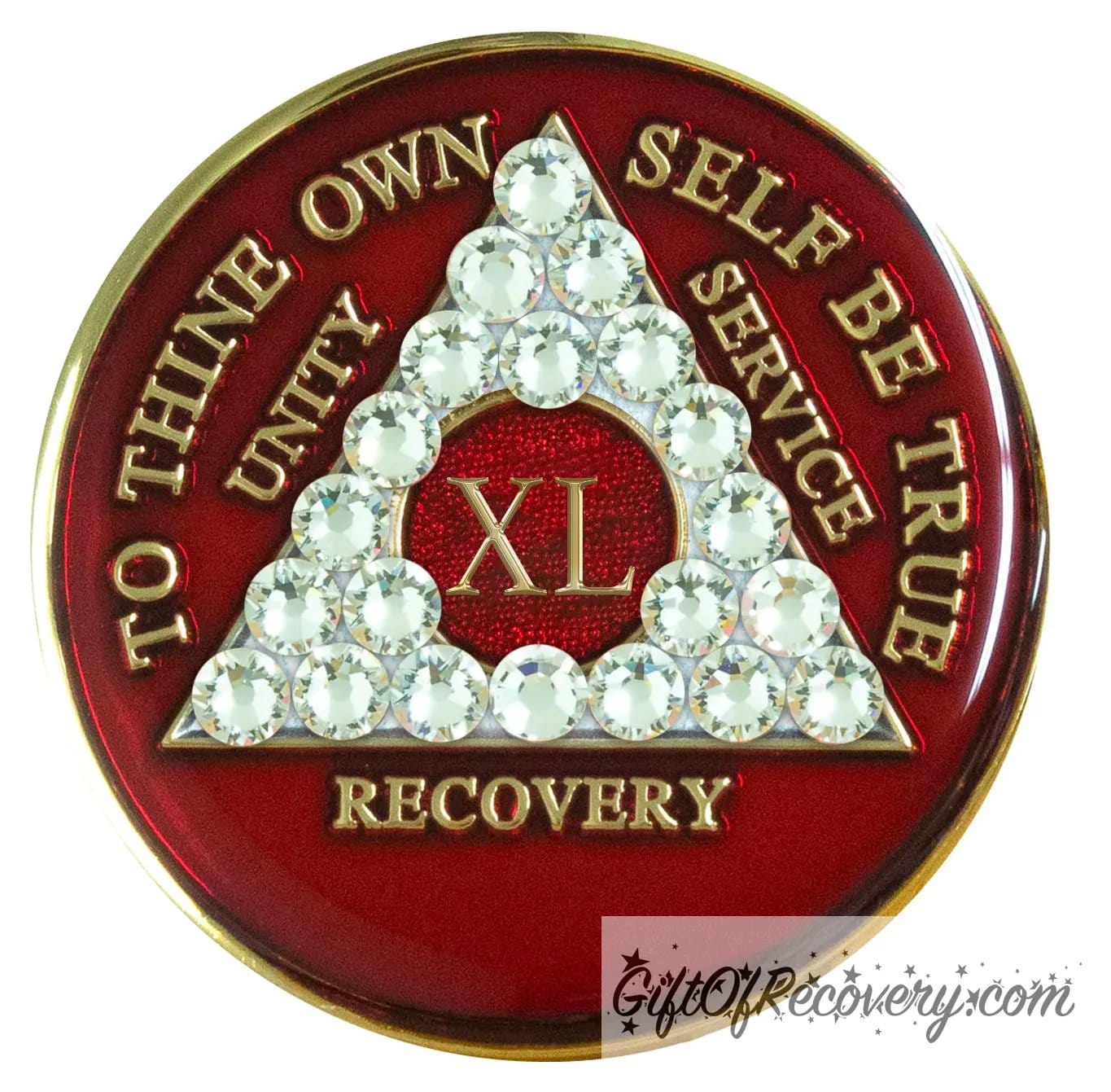 40 year ruby red AA medallion adorned with 21 genuine diamond CZ crystals emphasizing the growth under pressure like true diamonds are formed, to thine own self be true, unity, service, recovery are embossed with 14k gold-plated brass and sealed with resin for a glossy finish that is scratch proof and will last.