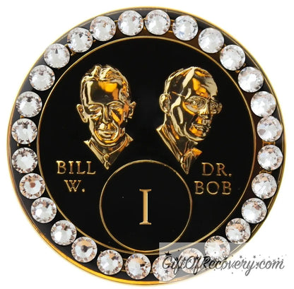 1 year AA black onyx Bill and Bob recovery medallion, with 28 genuine diamond CZ crystals outlining the rim, pictures of Bill and Bob are on the front with their names and are embossed with 14k gold-plated brass along with the roman numeral, the recovery medallion is sealed with resin for a shiny finish that will last and is scratch proof.