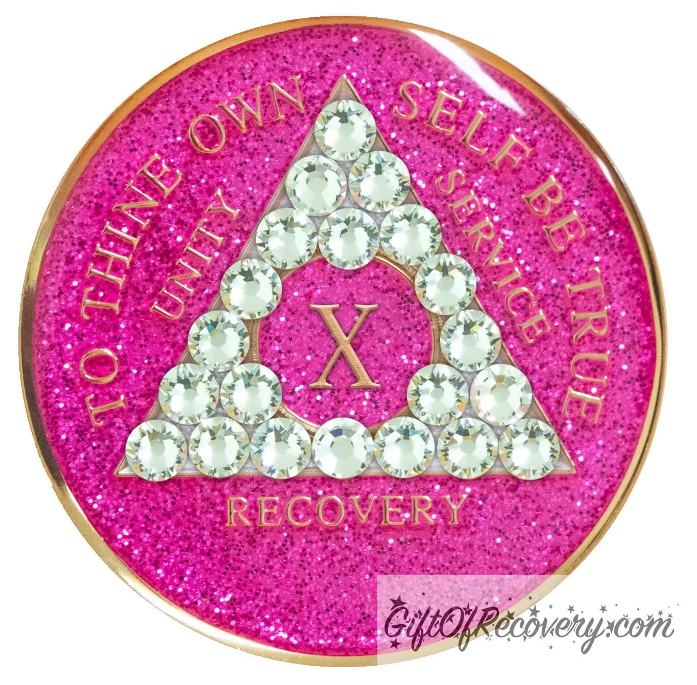 10 year AA recovery medallion in glitter princess pink and adorned with 21 diamond CZ genuine crystals shaped in the triangle to add sparkle to your sober princess journey in recovery, to thine own self be true, unity, service, recovery are embossed with 14k gold-plated brass and sealed with resin for a glossy finish that will last and is scratch proof.