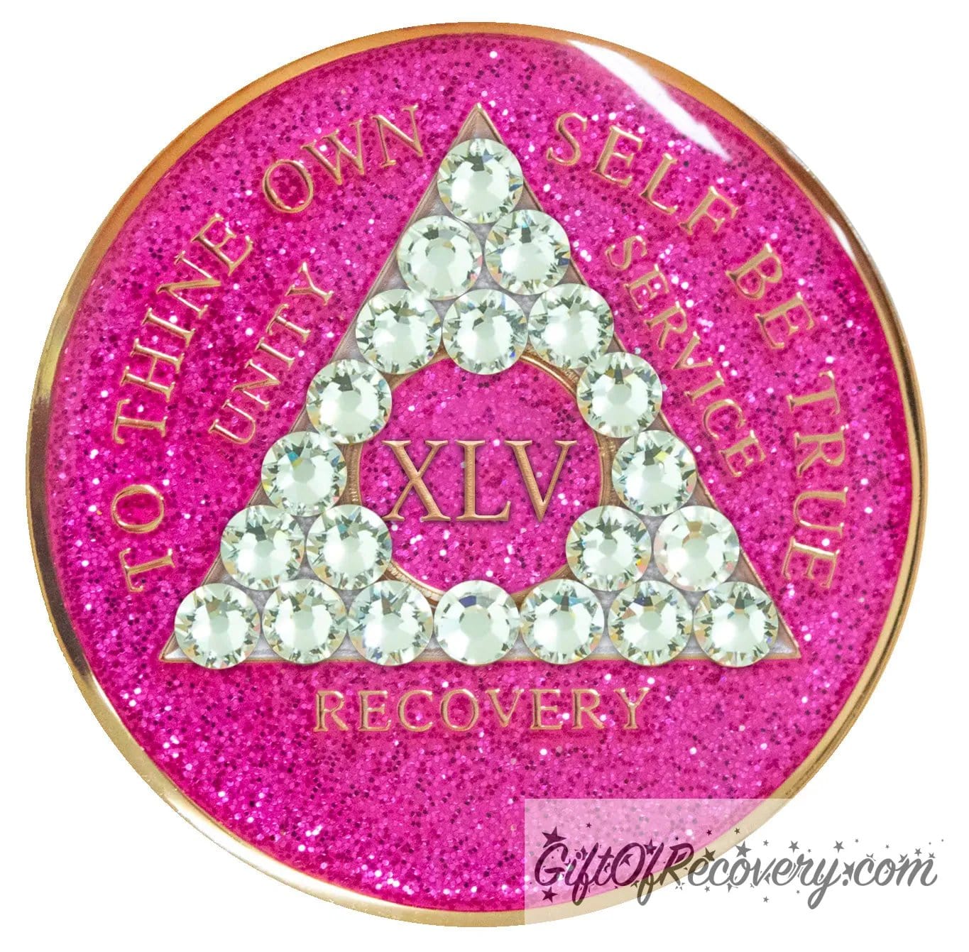 45 year AA recovery medallion in glitter princess pink and adorned with 21 diamond CZ genuine crystals shaped in the triangle to add sparkle to your sober princess journey in recovery, to thine own self be true, unity, service, recovery are embossed with 14k gold-plated brass and sealed with resin for a glossy finish that will last and is scratch proof.