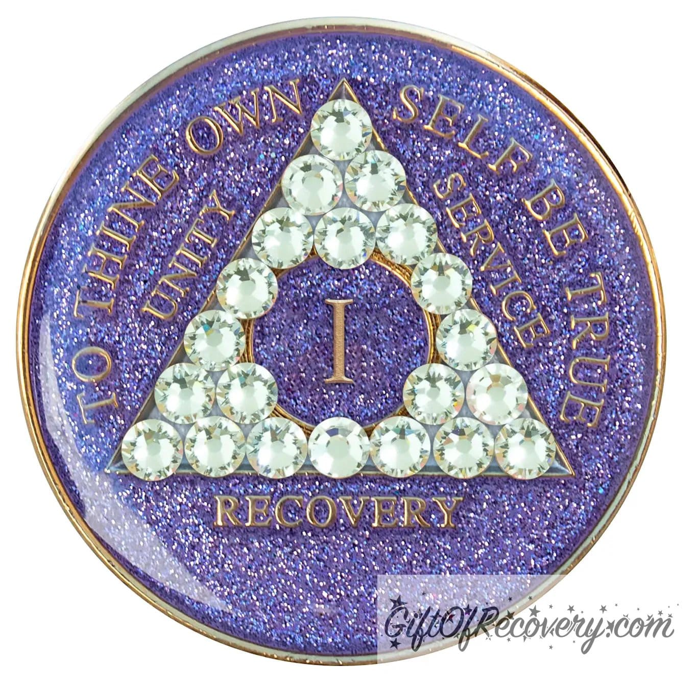 1 year AA medallion purple glitter with 21 genuine diamond CZ crystals in the shape of the triangle, with to thine own self be true, unity, service, recovery, and the roman numeral embossed with 14k gold-plated brass, the recovery medallion is sealed with resin for a shiny finish that will last and is scratch proof.