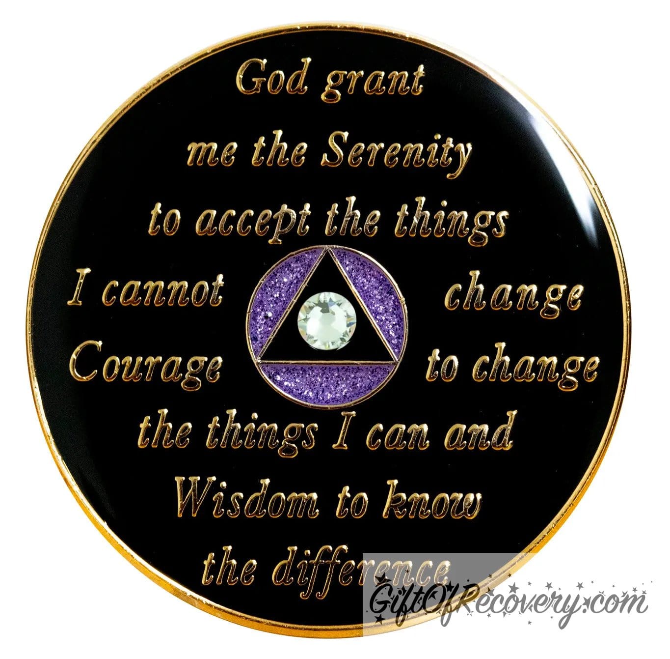 Back of AA recovery medallion is black onyx and has the serenity prayer, outer rim, and the circle triangle in the center embossed with 14k gold-plated brass, the circle in the middle is purple glitter and the triangle is black onyx with a single diamond CZ genuine crystal, AA medallion is sealed in resin for a glossy finish.