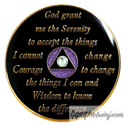 Back of AA recovery medallion is black onyx and has the serenity prayer, outer rim, and the circle triangle in the center embossed with 14k gold-plated brass, the circle in the middle is purple glitter and the triangle is black onyx with a single diamond CZ genuine crystal, AA medallion is sealed in resin for a glossy finish.