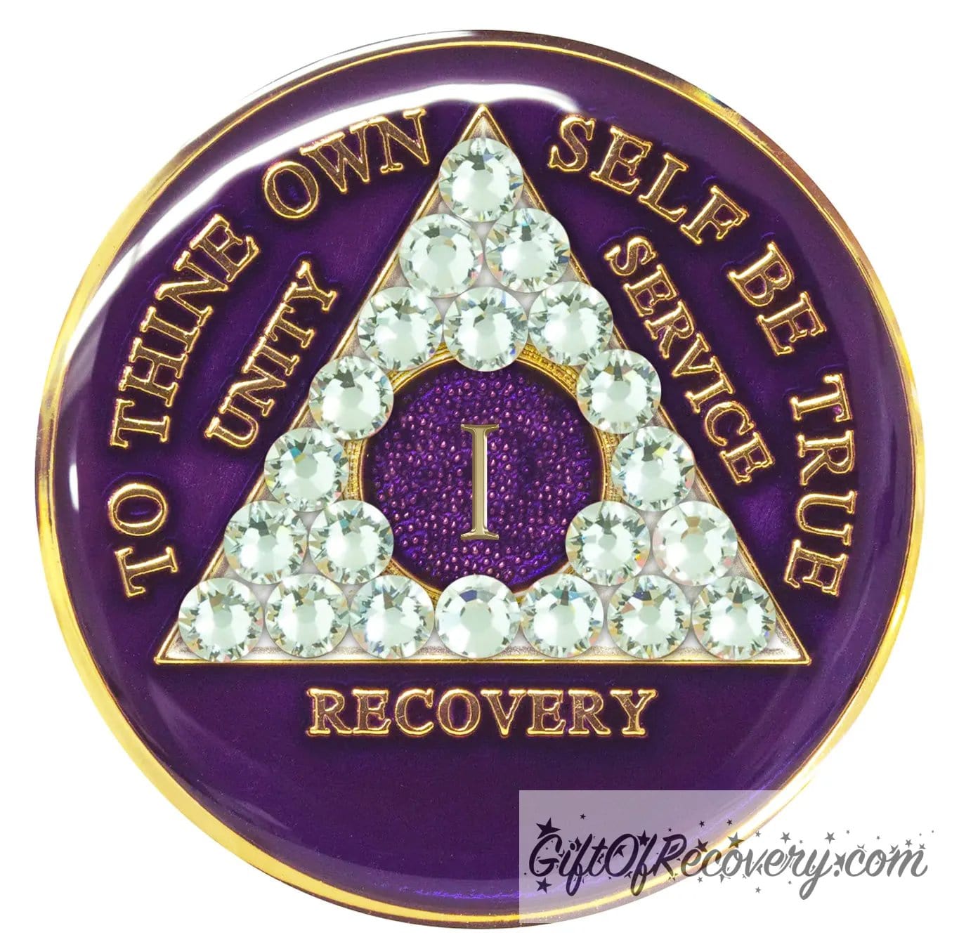 1 year AA medallion purple amethyst, adorned with 21 genuine diamond CZ crystals to represent transformation under pressure in the recovery journey, to thine own self be true, unity, service, recovery embossed with 14k gold-plated brass and sealed with resin for a glossy finish that is scratch proof and will last.