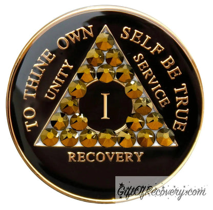 Sobriety Chip AA Dorado Bling Crystallized Black Triplate 1