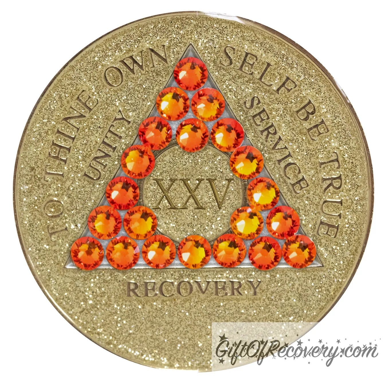 25 year Gold glitter AA medallion with twenty-one fire opal genuine crystals in the shape of a triangle, to thine own self be true, unity, service, recovery embossed in 14k gold-plated brass along with the rim of the medallion, sealed in a high-quality, chip and scratch-resistant resin dome giving it a beautiful glossy look that will last.