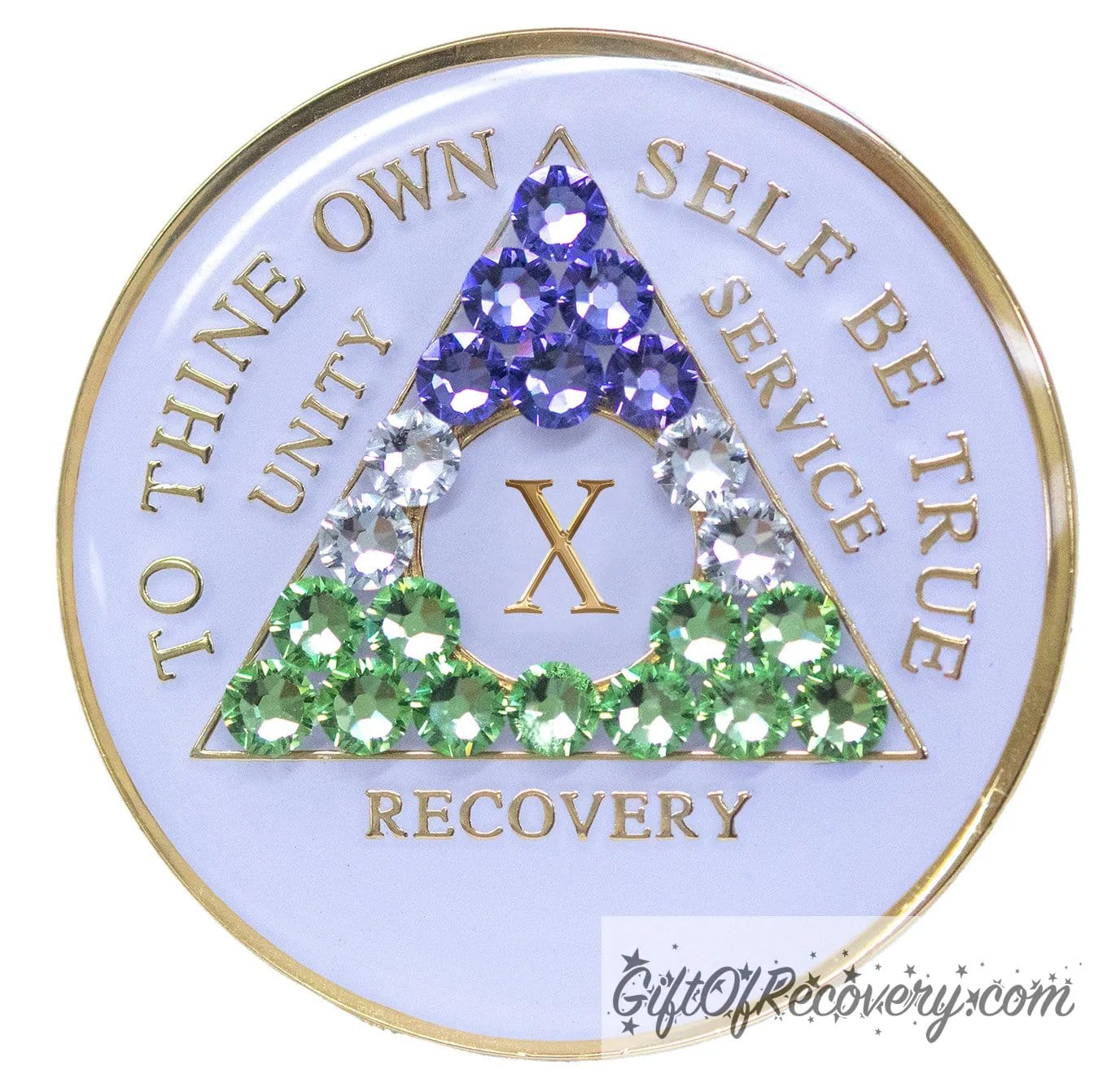 10 year AA medallion pearl white with 21 genuine crystals that form the triangle and are in the color of the Genderqueer flag, to represent pride and sobriety, the AA slogan and three legacies are embossed with 14k gold-plated brass and sealed with resin for a glossy finish.