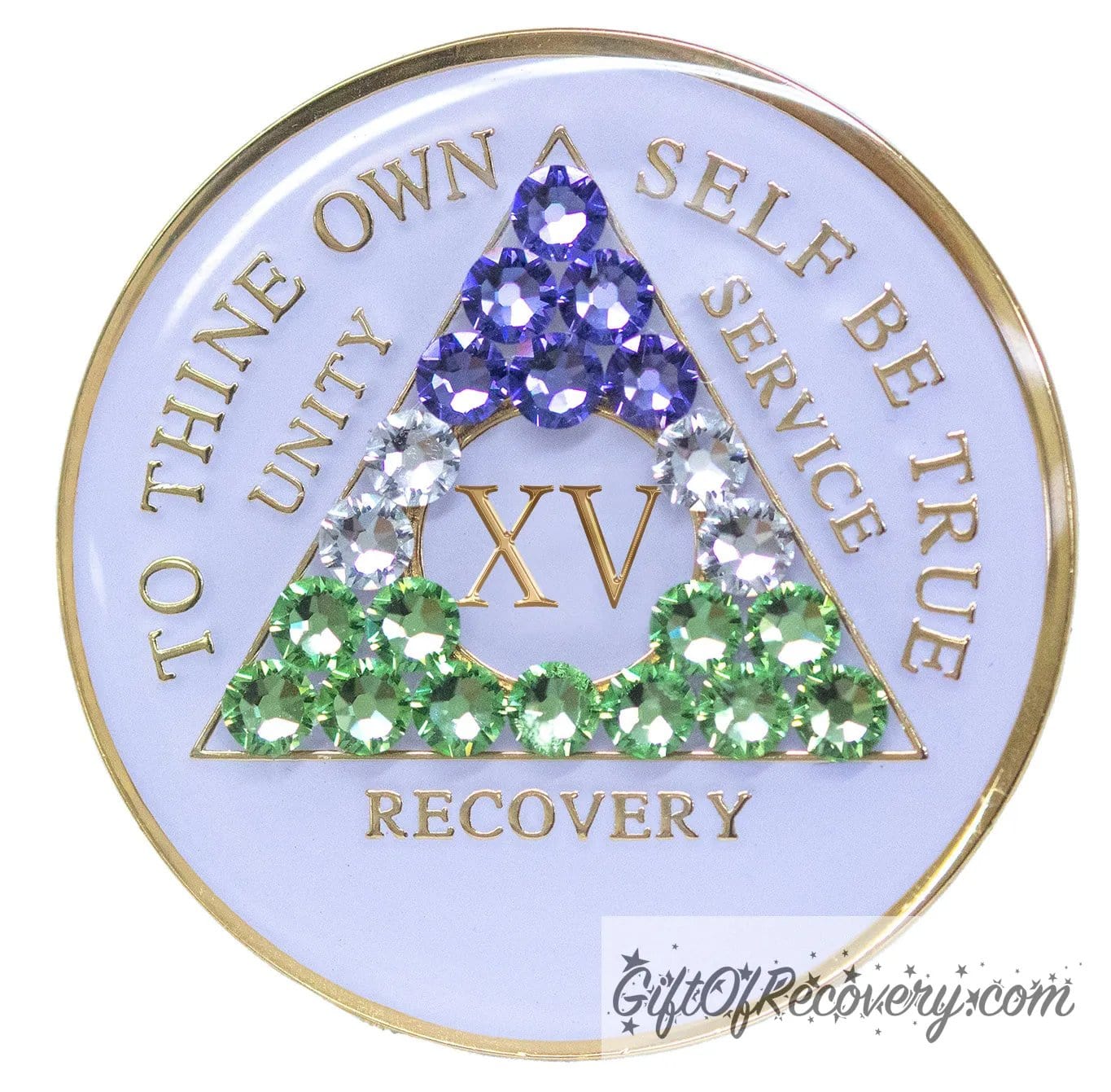 15 year AA medallion pearl white with 21 genuine crystals that form the triangle and are in the color of the Genderqueer flag, to represent pride and sobriety, the AA slogan and three legacies are embossed with 14k gold-plated brass and sealed with resin for a glossy finish.