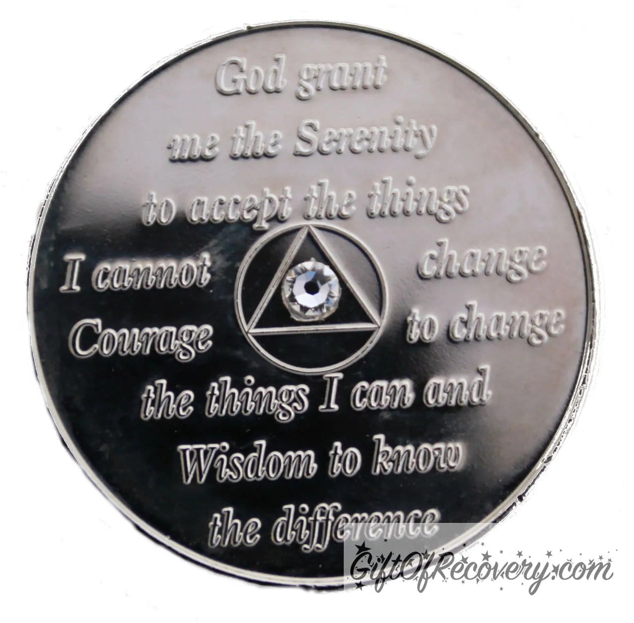 Back of 36 year nickel recovery medallion with the serenity prayer and one diamond CZ crystal in the center of the circle triangle.