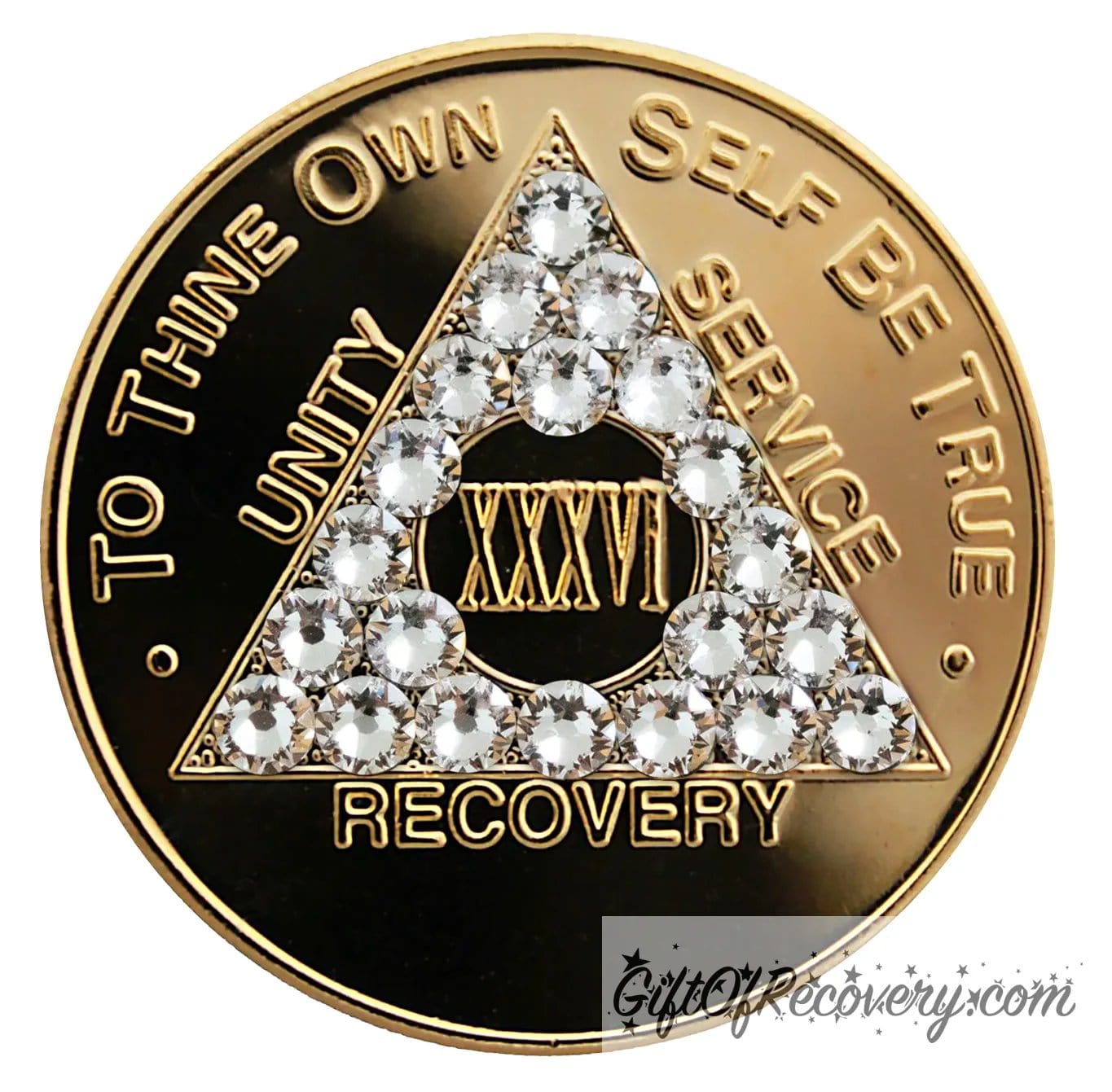 36 year gold-plated AA recovery medallion with 21 diamond CZ genuine crystals for the triangle along with the AA slogan and three legacies.