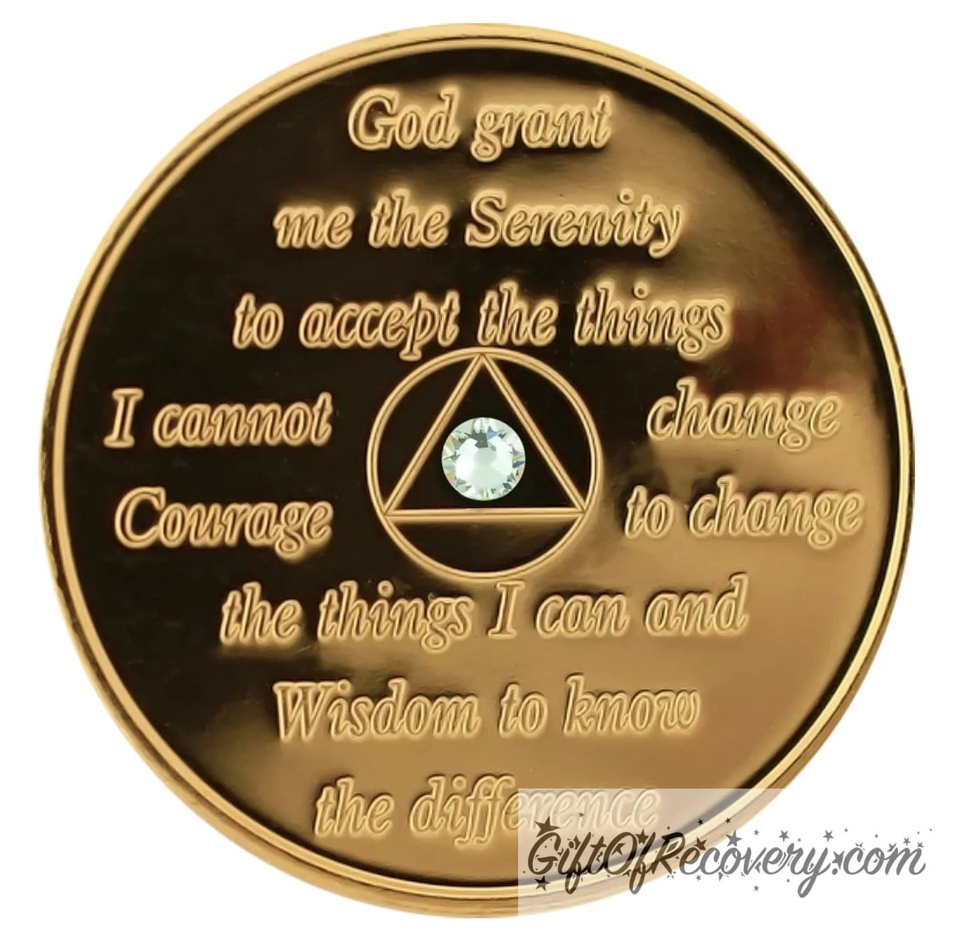 Back of 36 year gold-plated recovery medallion with the serenity prayer and one diamond CZ genuine crystal in the center of the circle triangle.