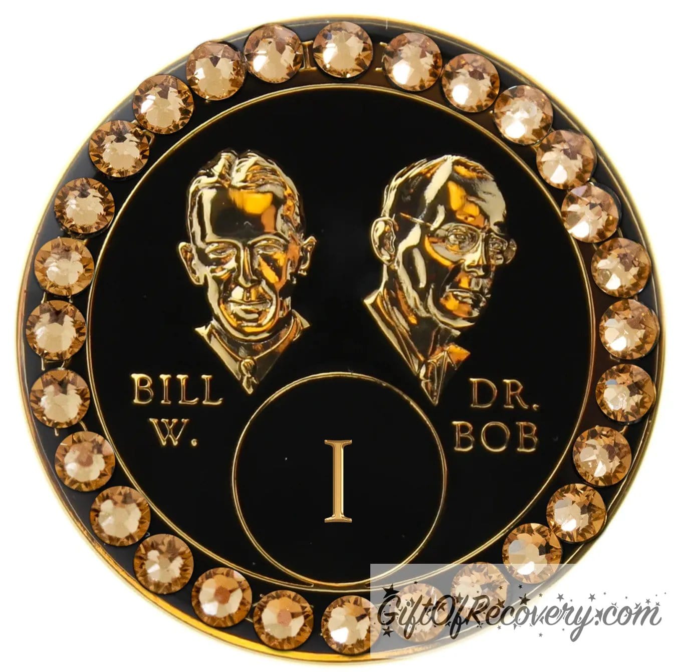 1 year AA Bill & Bob black Onyx recovery medallion with 28 genuine Dorado crystals around the rim, this medallion is to honor our founders and our time, stylized busts of Bill W. and Dr. Bob, with their names, in embossed 14k gold-plated brass, the medallion is sealed with resin for a glossy finish.