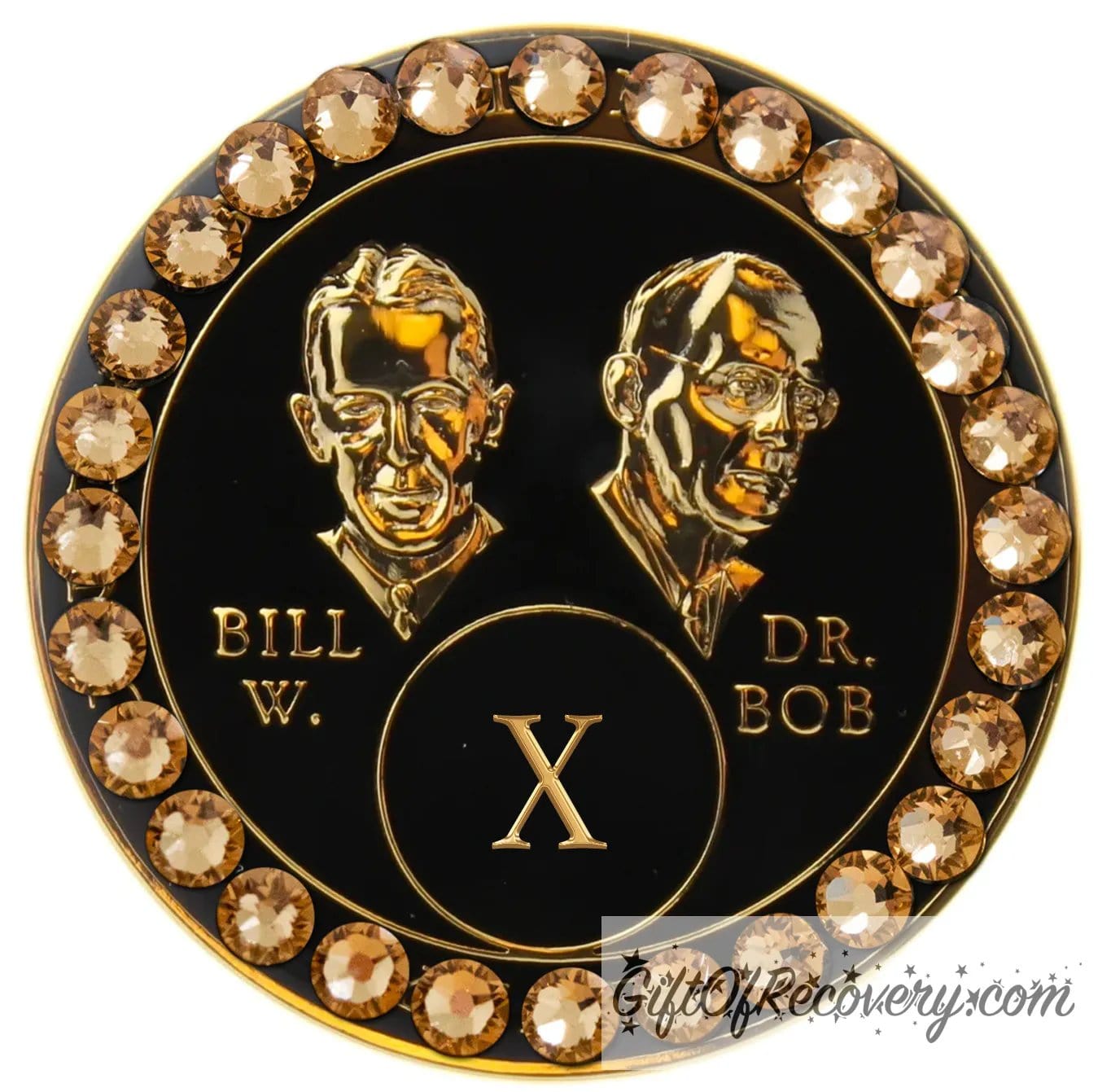 10 year AA Bill & Bob black Onyx recovery medallion with 28 genuine Dorado crystals around the rim, this medallion is to honor our founders and our time, stylized busts of Bill W. and Dr. Bob, with their names, in embossed 14k gold-plated brass, the medallion is sealed with resin for a glossy finish.