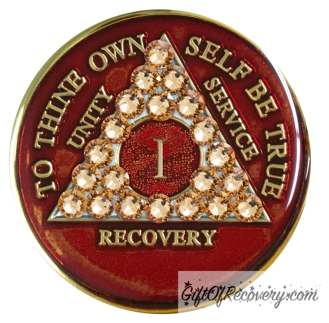 1 year ruby red AA medallion adorned with 21 genuine gold CZ crystals symbolizing strength and elegance in recovery, to thine own self be true, unity, service, recovery are embossed with 14k gold-plated brass and sealed with resin for a glossy finish that is scratch proof and will last.