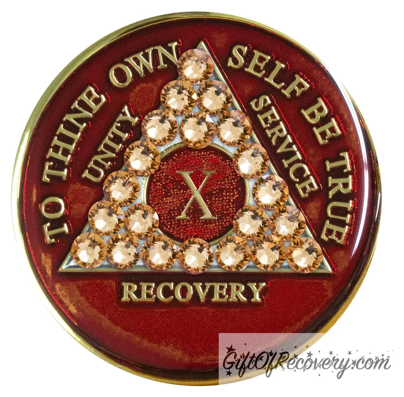 10 year ruby red AA medallion adorned with 21 genuine gold CZ crystals symbolizing strength and elegance in recovery, to thine own self be true, unity, service, recovery are embossed with 14k gold-plated brass and sealed with resin for a glossy finish that is scratch proof and will last.