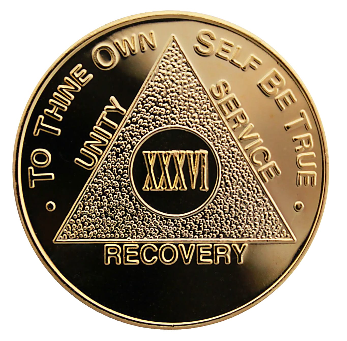 36 year AA medallion gold-plated with to thine own self be true and unity, service, recovery.