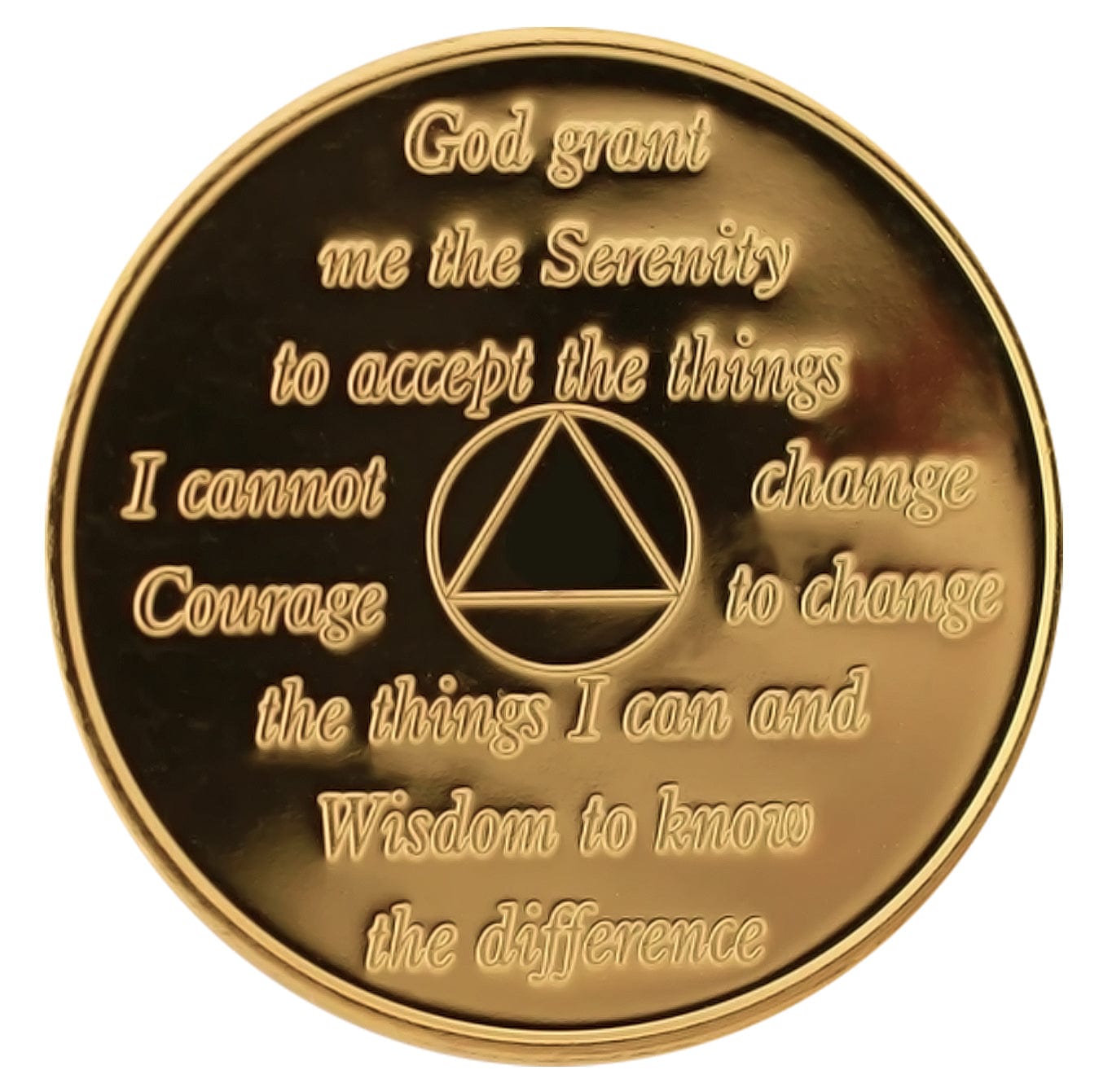 Back of 1year AA medallion gold plated with serenity prayer.