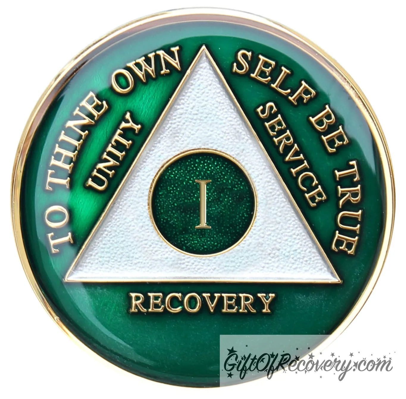 1 year AA medallion Emerald green, to symbolize luck and prosperity when you work the program, triangle is pearl white, to thine own self be true, unity, service, recovery, and roman numeral are embossed with 14k gold-plated brass, the recovery medallion is sealed with resin for a glossy finish that will last and is scratch free.