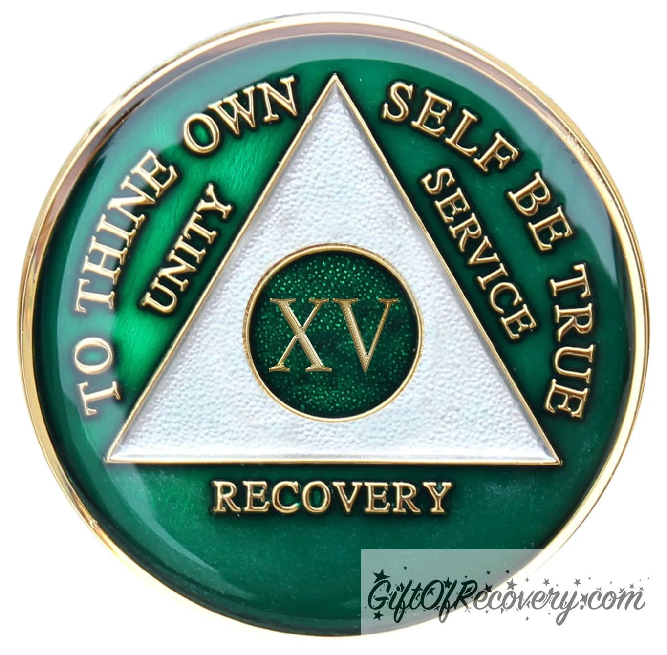 15 year AA medallion Emerald green, to symbolize luck and prosperity when you work the program, triangle is pearl white, to thine own self be true, unity, service, recovery, and roman numeral are embossed with 14k gold-plated brass, the recovery medallion is sealed with resin for a glossy finish that will last and is scratch free.