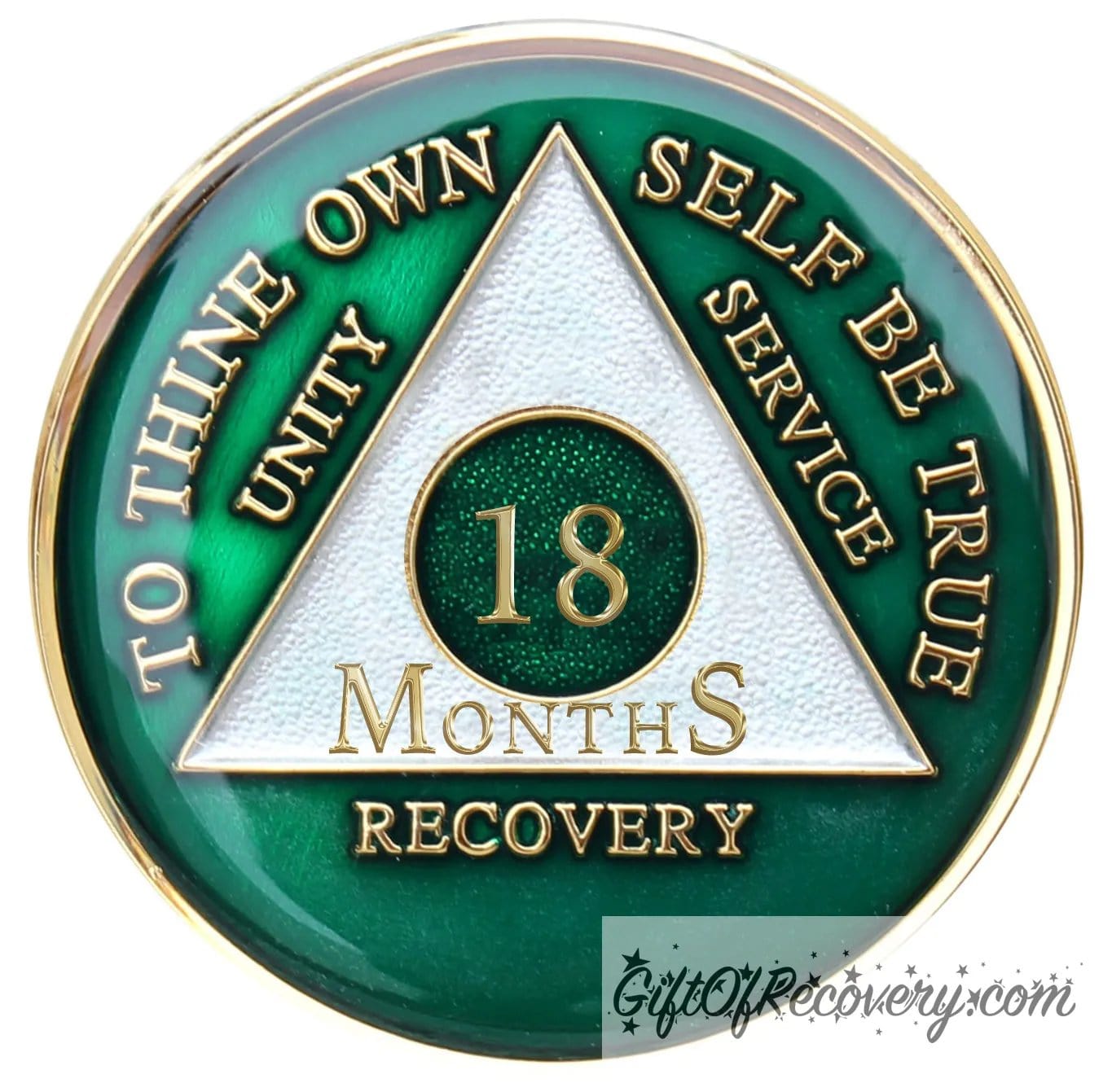 18 months AA medallion Emerald green, to symbolize luck and prosperity when you work the program, triangle is pearl white, to thine own self be true, unity, service, recovery, and roman numeral are embossed with 14k gold-plated brass, the recovery medallion is sealed with resin for a glossy finish that will last and is scratch free.