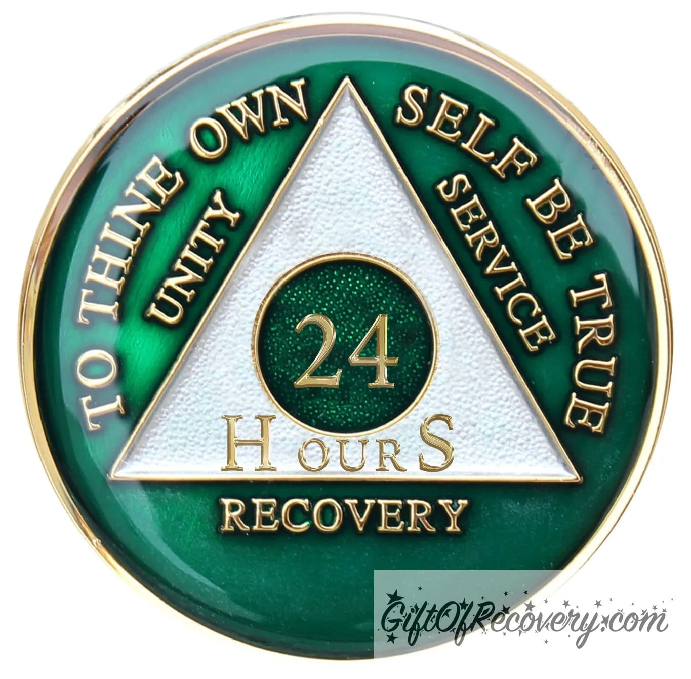 24 hours AA medallion Emerald green, to symbolize luck and prosperity when you work the program, triangle is pearl white, to thine own self be true, unity, service, recovery, and roman numeral are embossed with 14k gold-plated brass, the recovery medallion is sealed with resin for a glossy finish that will last and is scratch free.