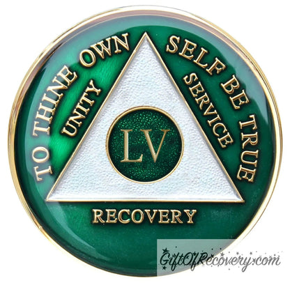 55 year AA medallion Emerald green, to symbolize luck and prosperity when you work the program, triangle is pearl white, to thine own self be true, unity, service, recovery, and roman numeral are embossed with 14k gold-plated brass, the recovery medallion is sealed with resin for a glossy finish that will last and is scratch free.